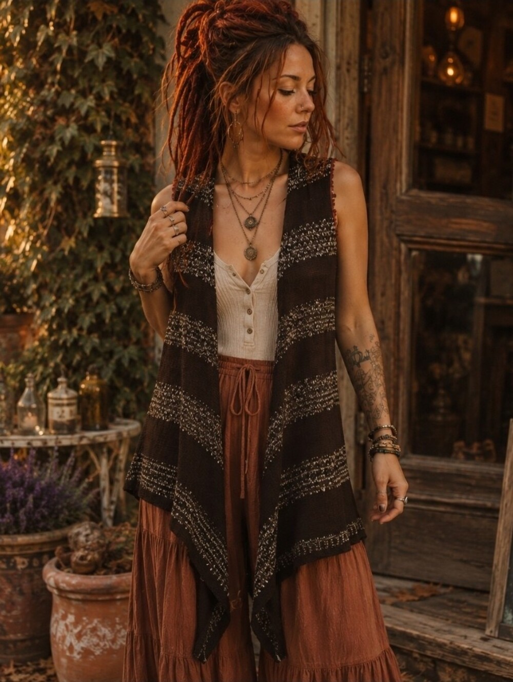 4/$15 Boho Brown Knit Vest 70s Hippie Festival Layering